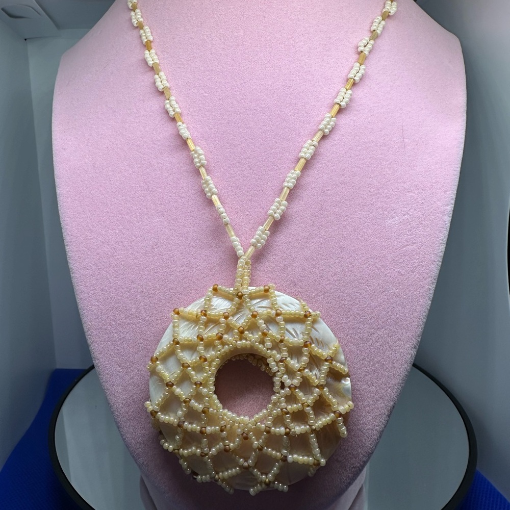 Crème Seed Bead Necklace Pendant Handmade
